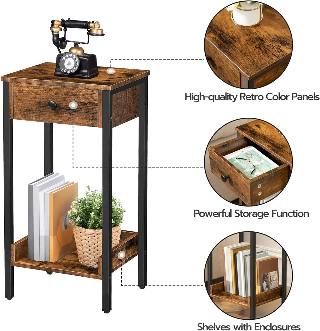 Nightstand, End Table, Tall Nightstand with Drawer and Storage Shelf, Industrial End Telephone Table