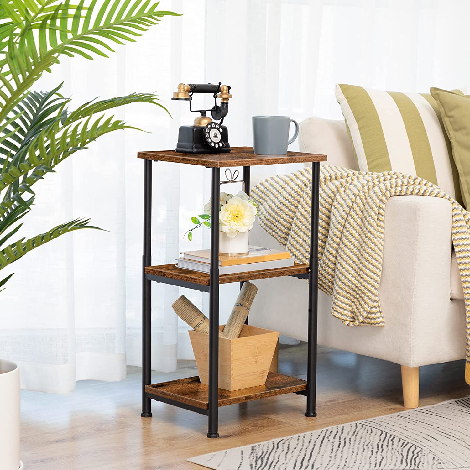 Side Table, Height-Adjustable Nightstand with Storage Shelves, 3-Tier Tall Industrial End Table, Coffee Table