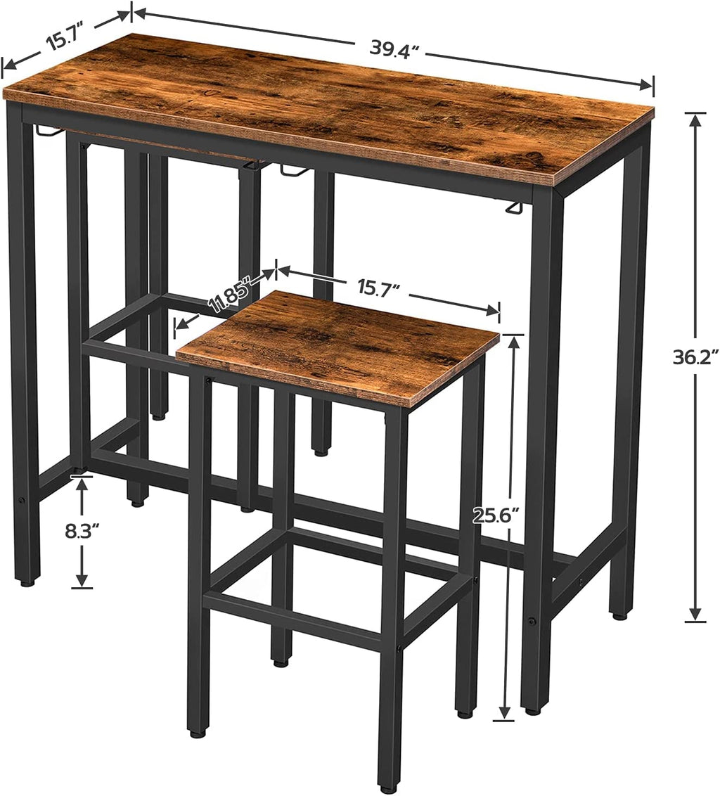 Bar Table with 2 Bar Stools, Hang Bar Chair Under Bar Table, 3 Piece Dining Table Set
