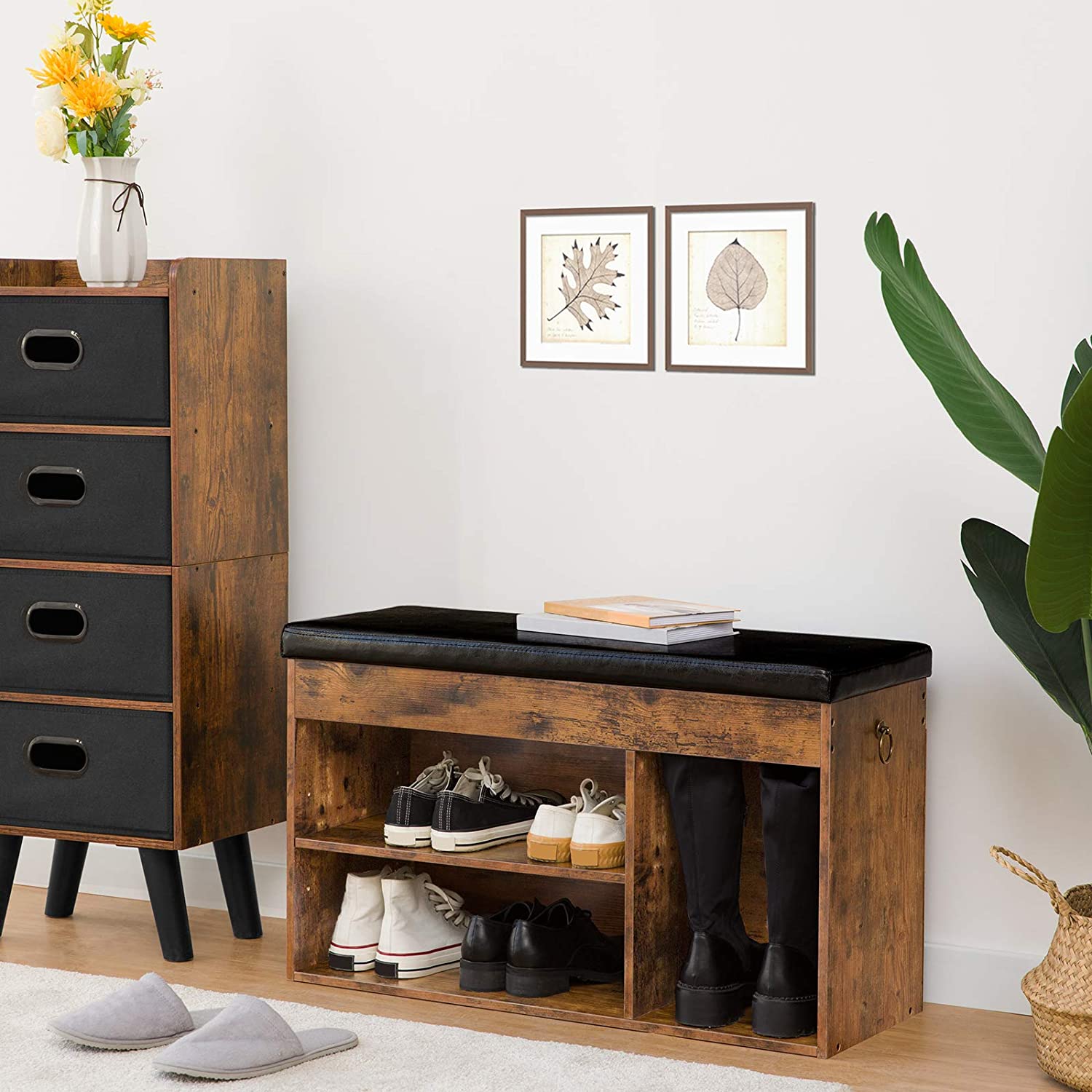 Shoe Storage Bench, Entryway Bench with Flip-Open Storage Box and Adjustable Shelf