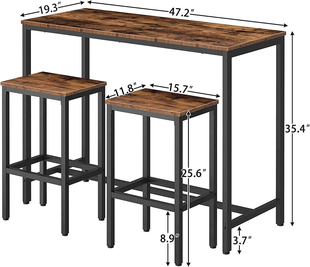 Bar Table and Chairs Set, Rectangular Pub Bar Table and 2 Bar Stools