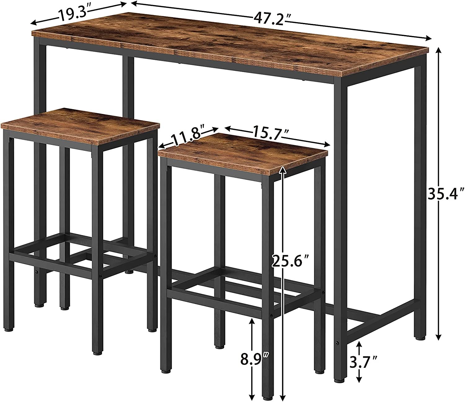 Bar Table and Chairs Set, Rectangular Pub Bar Table and 2 Bar Stools
