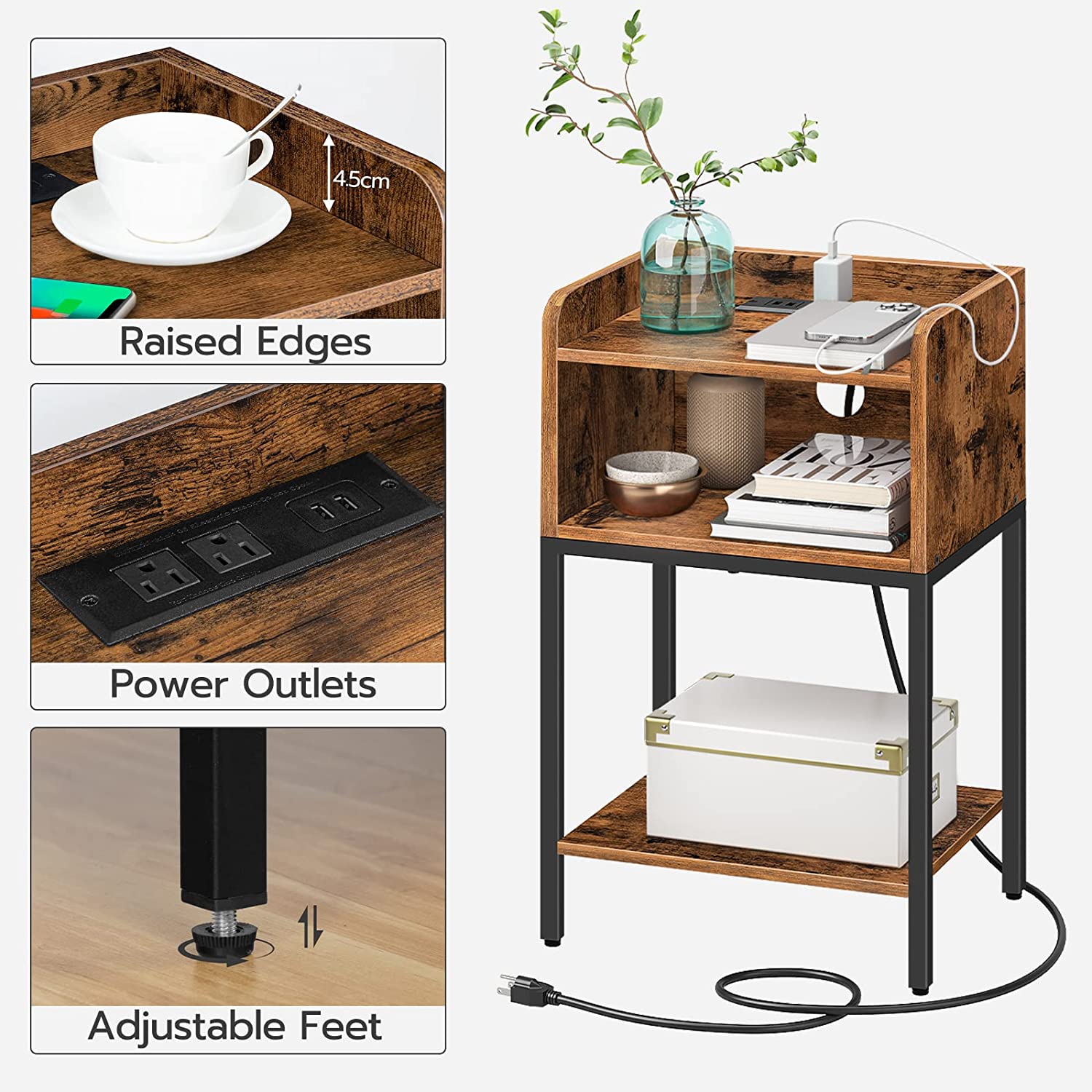 End Table with Charging Station, Nightstand with Open Drawer, Side Table with USB Ports and Outlets