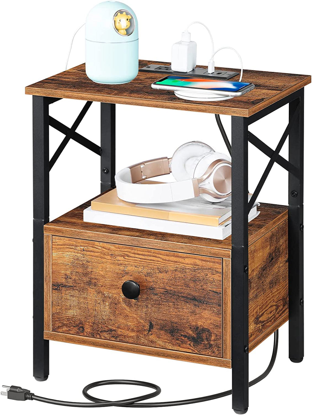 Nightstand with Charging Station, End Table with Drawer, USB Ports and Power Outlets