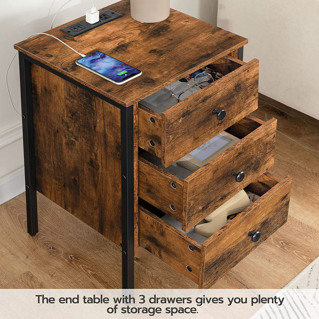 Nightstand, End Table with Charging Station and USB Ports, Side Table with 3 Drawers and Storage Shelf