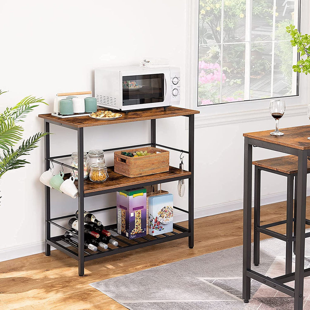 Kitchen Island with Wine Rack,Industrial Kitchen Counter with Hooks and Protective Rails, 3 Tier Kitchen Shelf