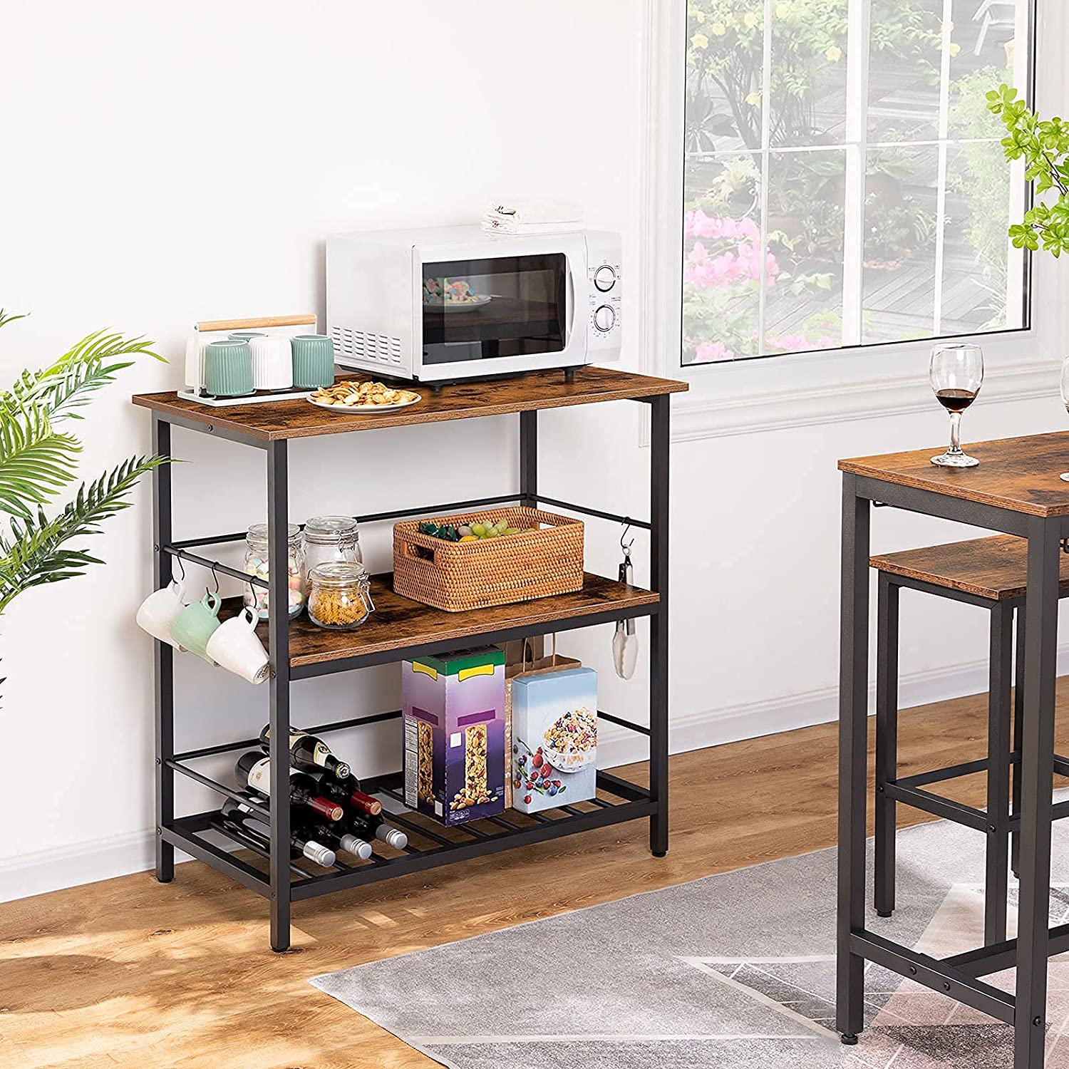 Kitchen Island with Wine Rack,Industrial Kitchen Counter with Hooks and Protective Rails, 3 Tier Kitchen Shelf