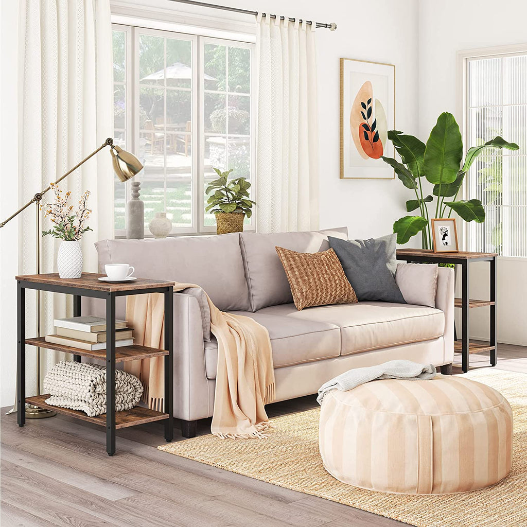 End Table, Simple Rustic Side Table with 3-Tier Storage Shelf, Narrow Nightstand