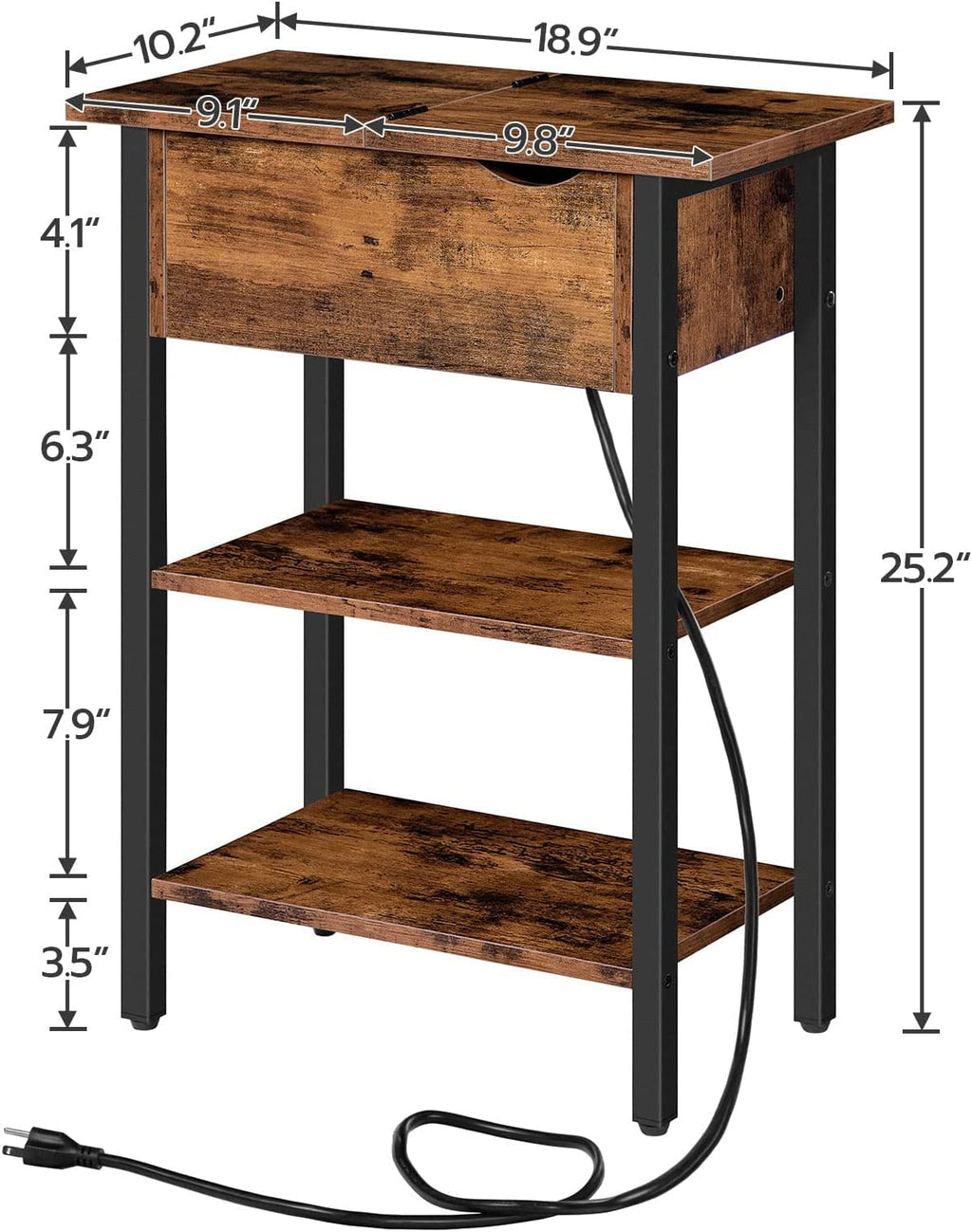 Side Table, Flip End Table with Charging Station and Shelves, USB Ports & Power Outlets, Narrow Nightstand