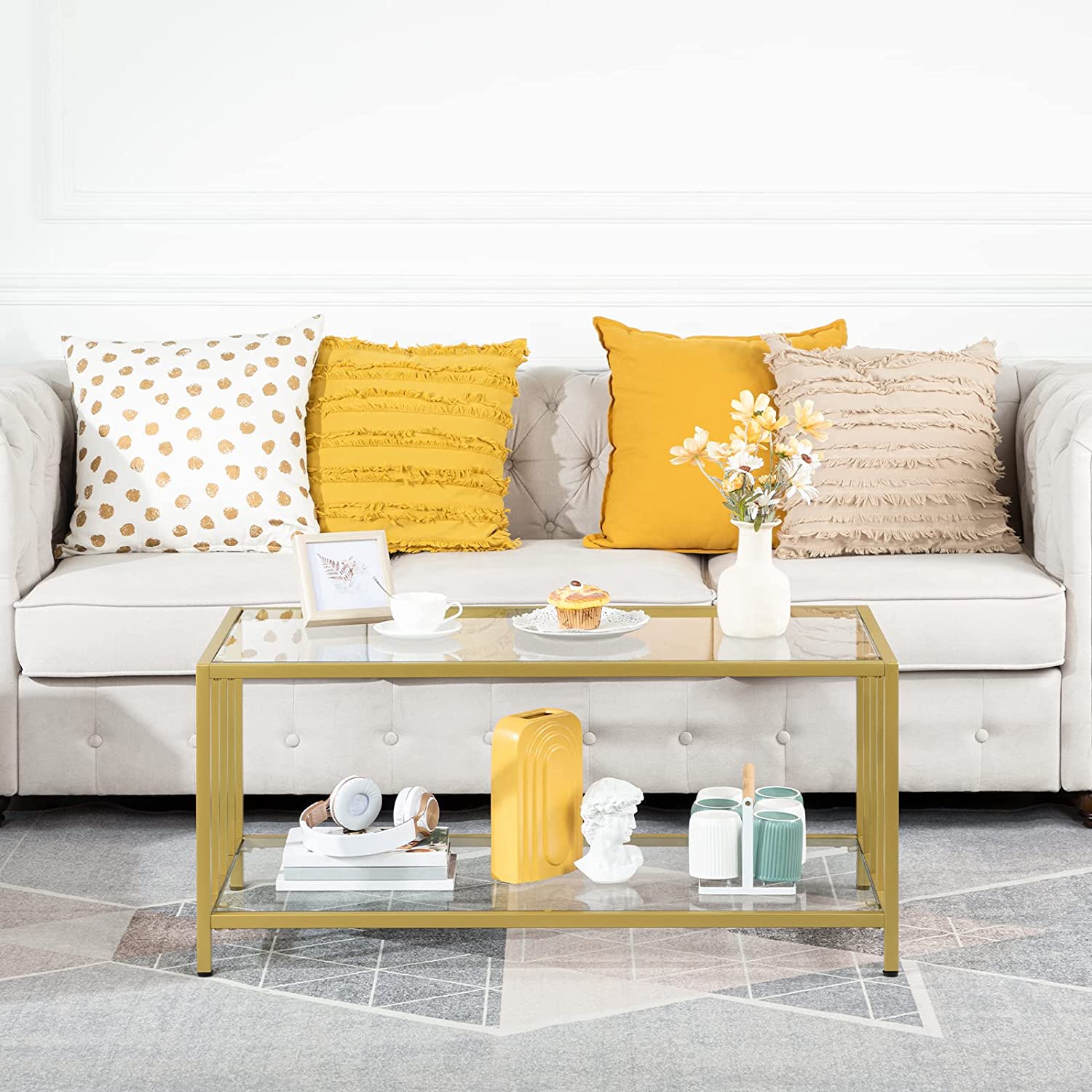 Glass Coffee Table, 2-Layer Gold Rectangle Coffee Table
