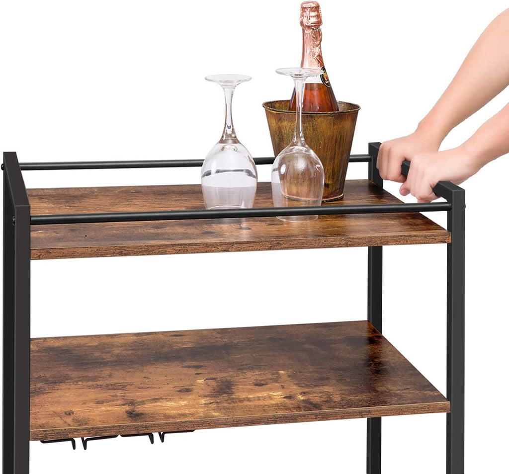Bar Cart, 3-Tier Rolling Serving Cart on Wheels, Storage Cart with 2-Tier Glass Holder and Wine Bottle Racks