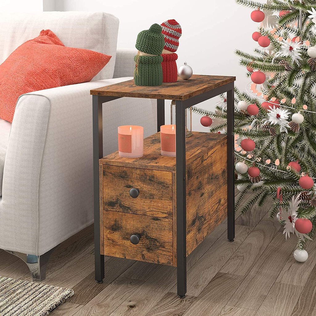 End Table, Narrow Chairside Table with Drawer and Open Storage Shelf