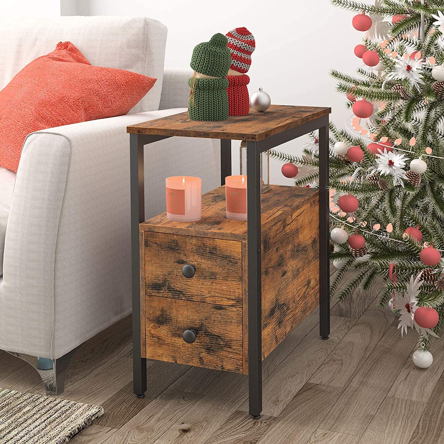 End Table, Narrow Chairside Table with Drawer and Open Storage Shelf