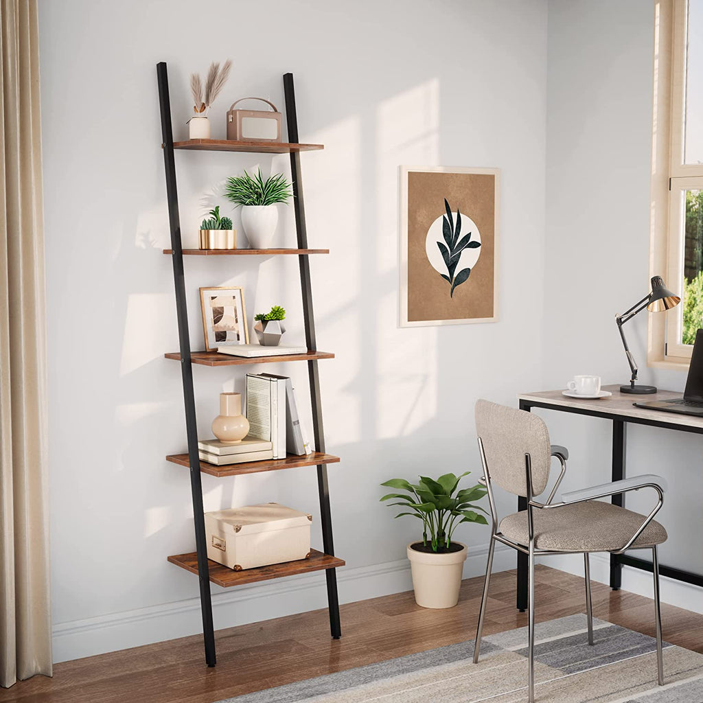 Ladder Shelf Leaning Shelf, 5-Tier Narrow Bookshelf, Leaning Bookshelf with Steel Frame