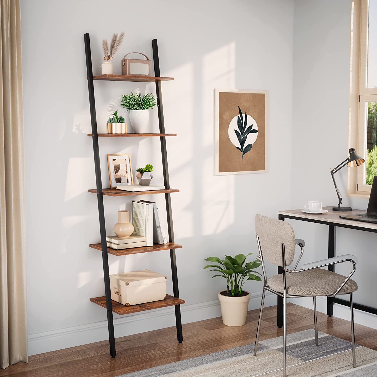 Ladder Shelf Leaning Shelf, 5-Tier Narrow Bookshelf, Leaning Bookshelf with Steel Frame