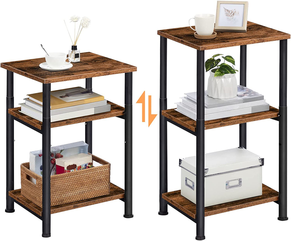 Side Table, Height-Adjustable Nightstand with Storage Shelves, 3-Tier Tall Industrial End Table, Coffee Table