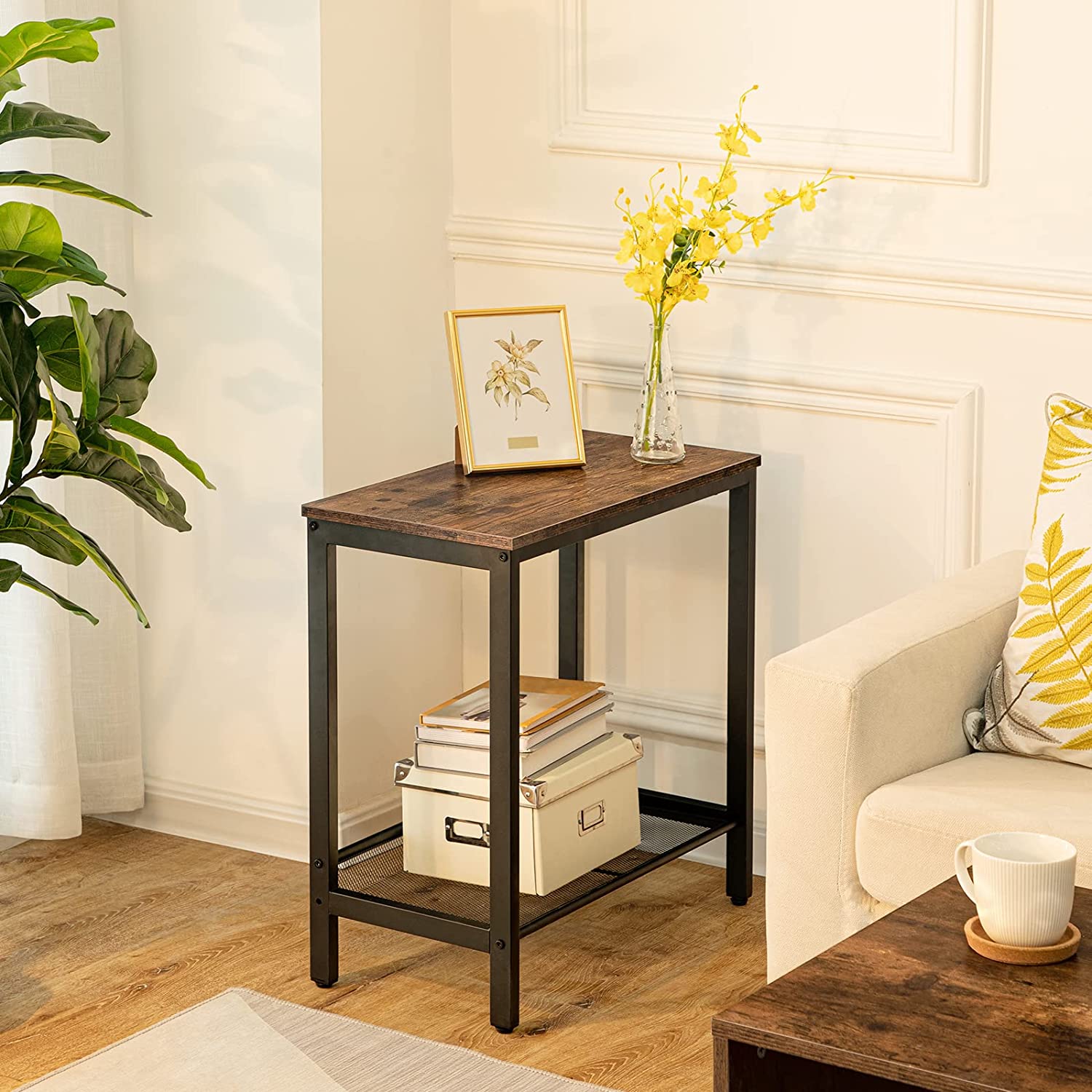 Side Table, Set of 2 Narrow Nightstands, Industrial End Table with Adjustable Mesh Shelf