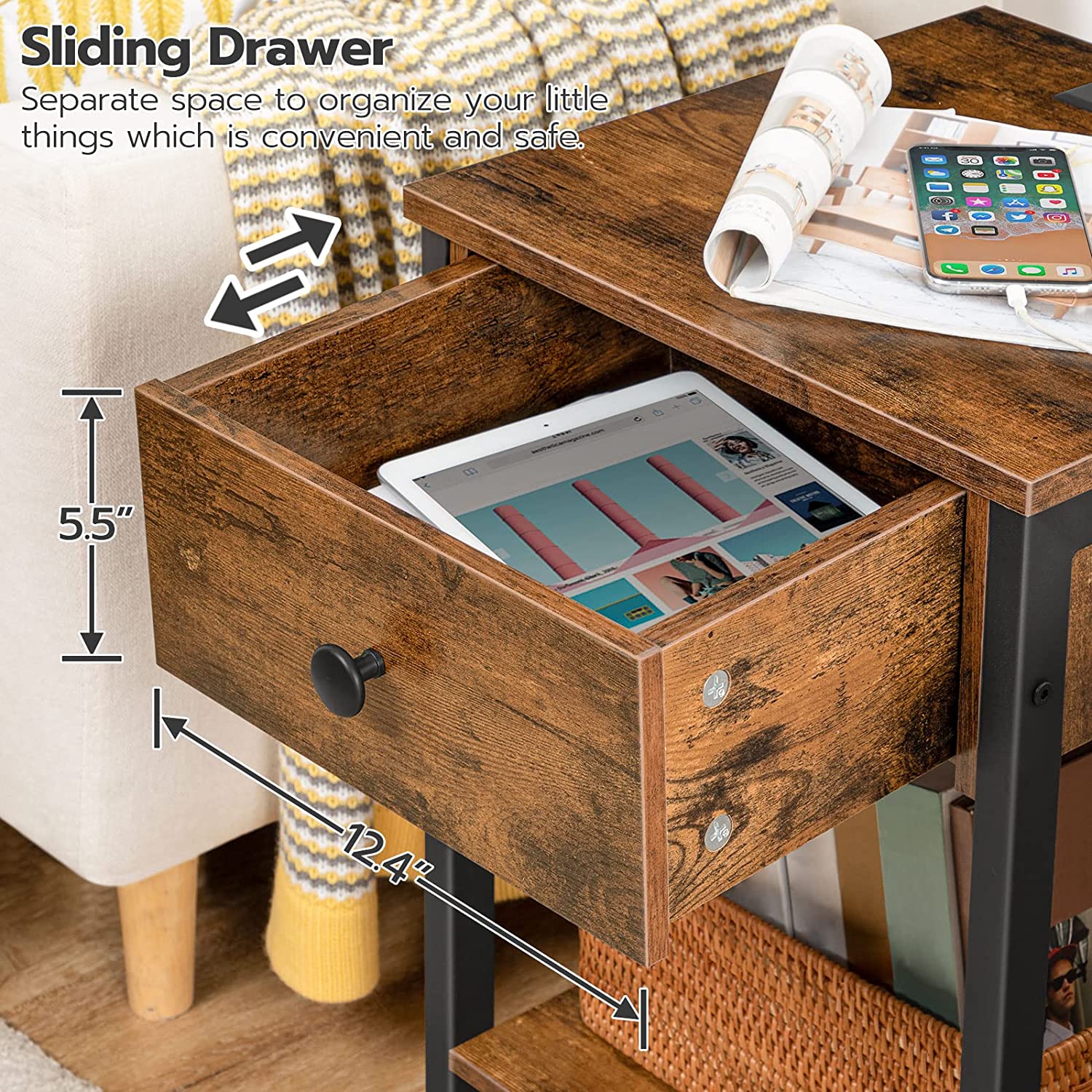 Set of 2 End Tables with Charging Station and USB Ports, Nightstand with Drawer and Storage Shelf