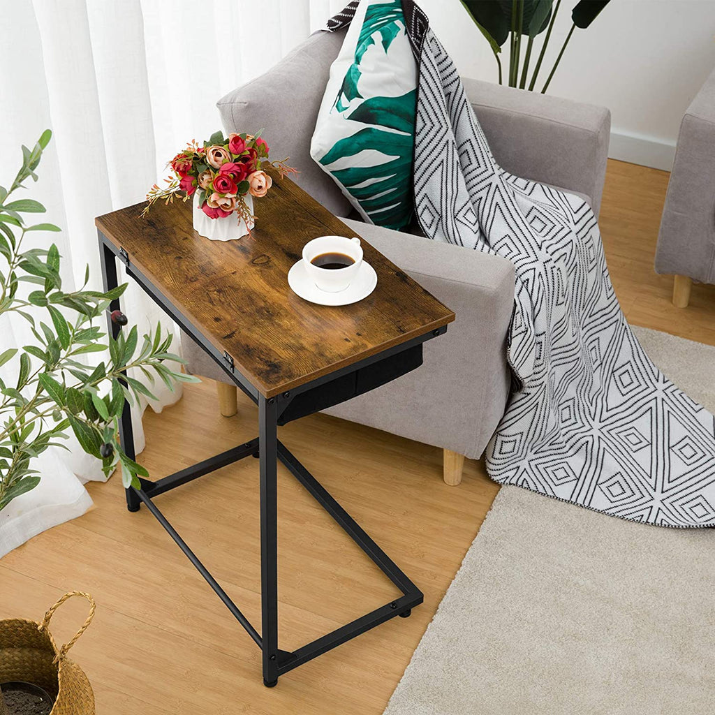C-Shape Side Table, Flip Top Sofa End Table with Fabric Basket