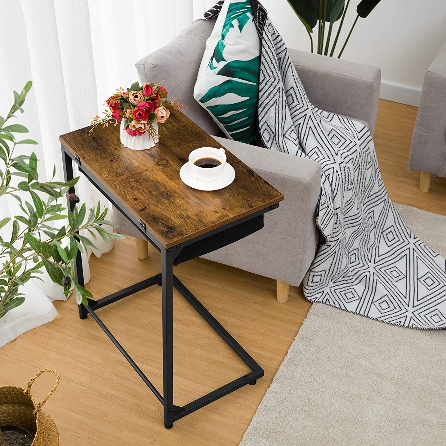 C-Shape Side Table, Flip Top Sofa End Table with Fabric Basket