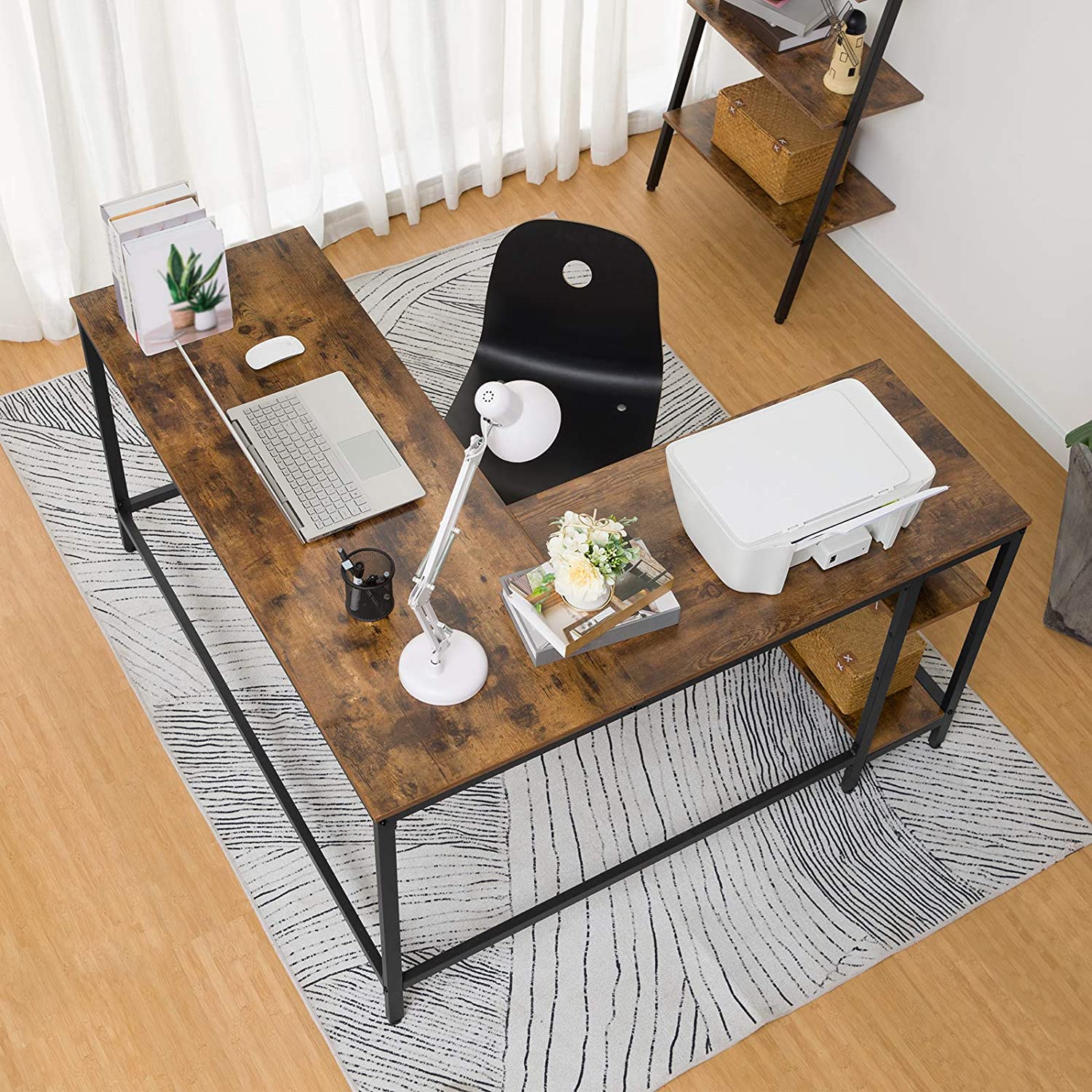L-Shaped Computer Desk, Industrial Corner Writing Desk with Adjustable Shelves, Study Workstation