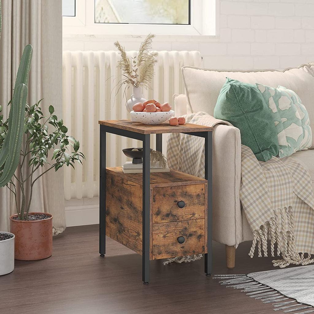 End Table, Set of 2, Side Table with 2 Drawer and Open Shelf, Narrow Nightstand