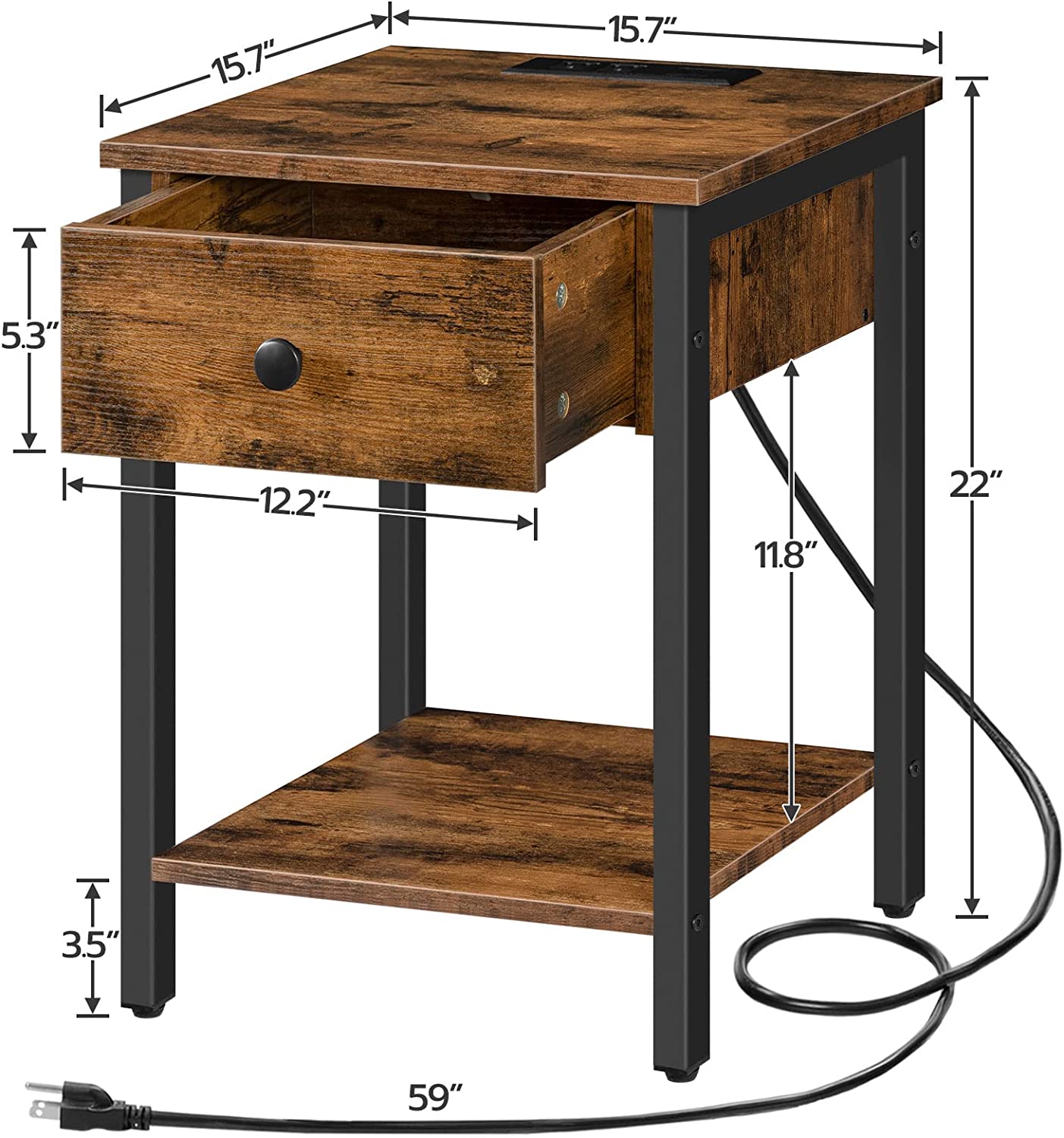 Set of 2 End Tables with Charging Station and USB Ports, Nightstand with Drawer and Storage Shelf