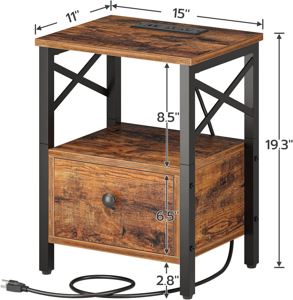 Nightstand with Charging Station, End Table with Drawer, USB Ports and Power Outlets