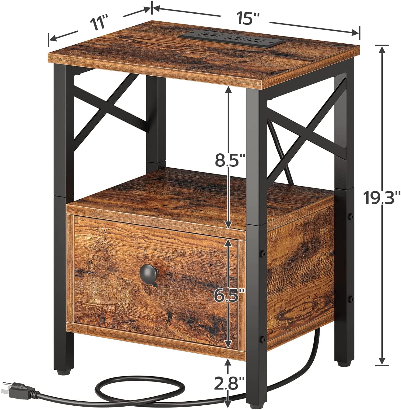 Nightstand with Charging Station, End Table with Drawer, USB Ports and Power Outlets
