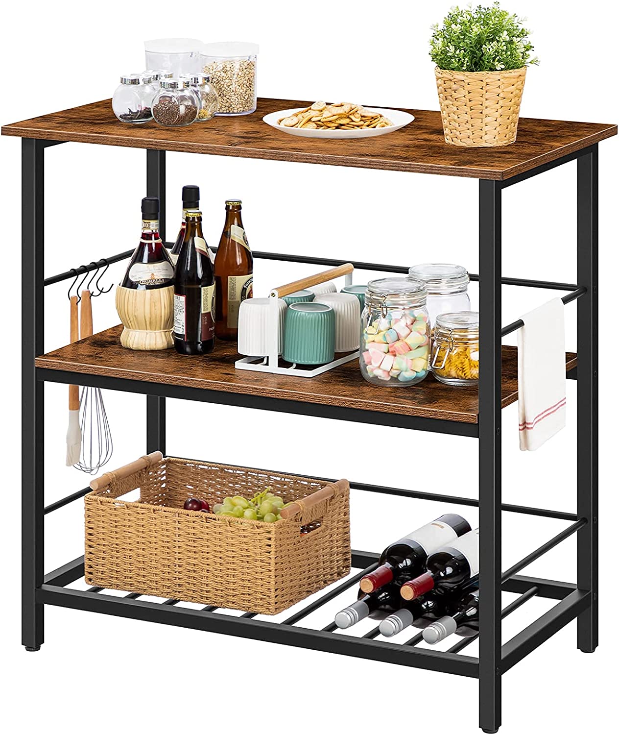 Kitchen Island with Wine Rack,Industrial Kitchen Counter with Hooks and Protective Rails, 3 Tier Kitchen Shelf