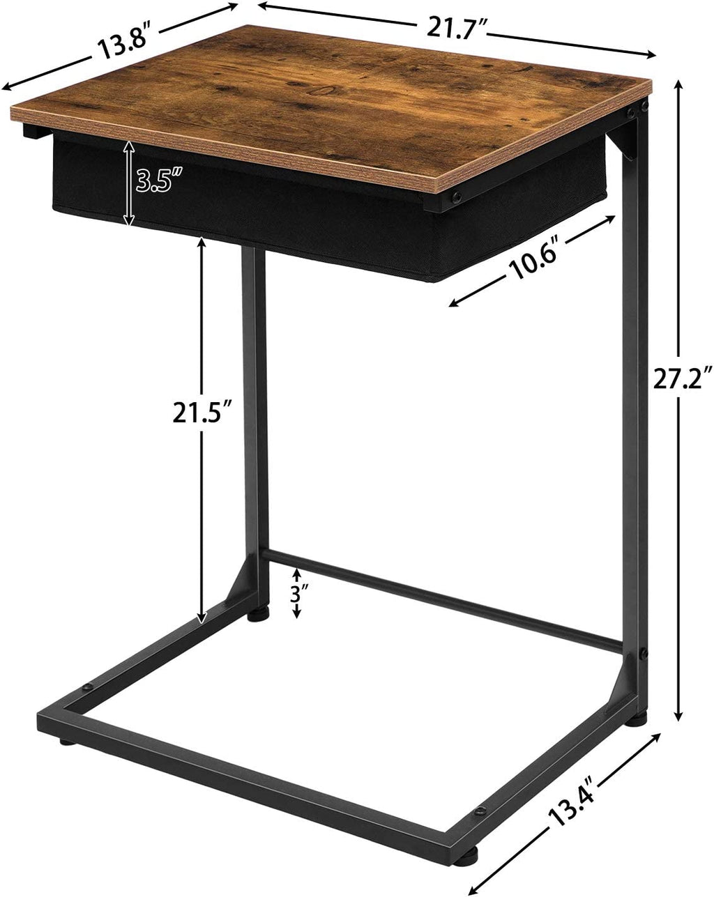 C-Shape Side Table, Flip Top Sofa End Table with Fabric Basket
