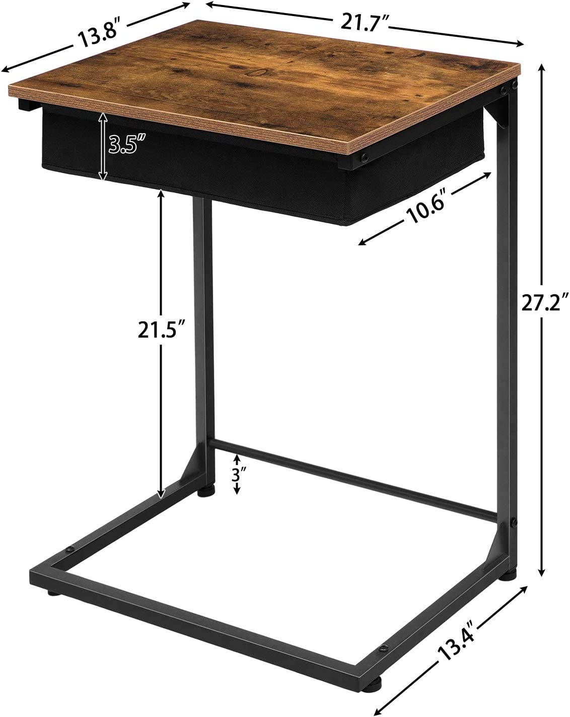 C-Shape Side Table, Flip Top Sofa End Table with Fabric Basket