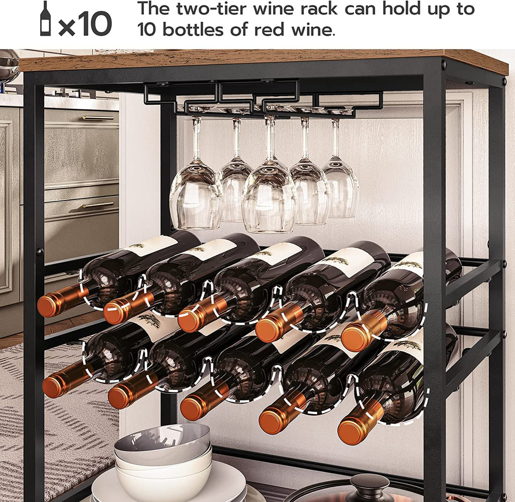 Bar Cart, 3-Tier Rolling Serving Cart on Wheels, Storage Cart with 2-Tier Glass Holder and Wine Bottle Racks