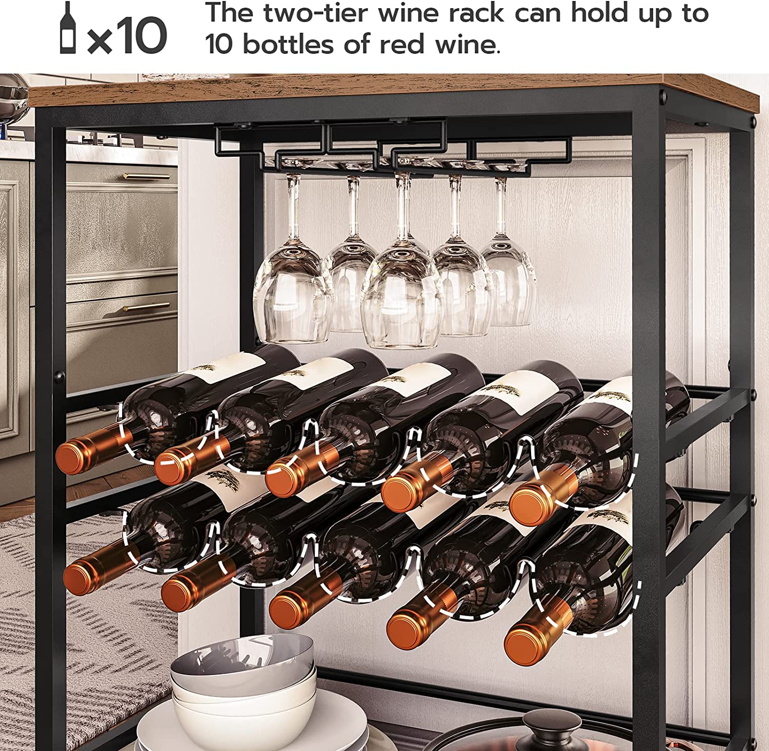 Bar Cart, 3-Tier Rolling Serving Cart on Wheels, Storage Cart with 2-Tier Glass Holder and Wine Bottle Racks