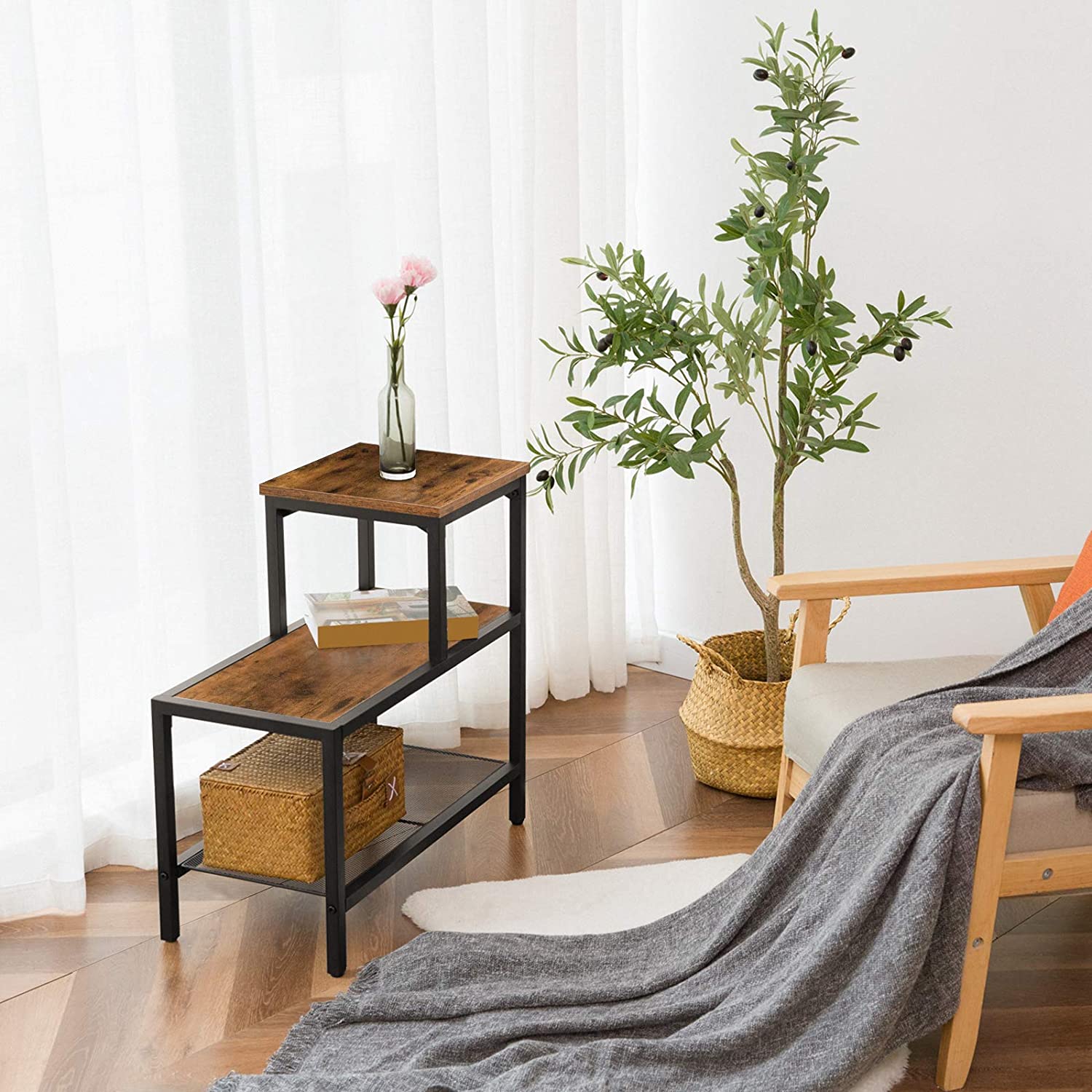 Side Table, 3-Tier Narrow Nightstand with Accent Decorative Ladder Shelf, Industrial Sofa End Table