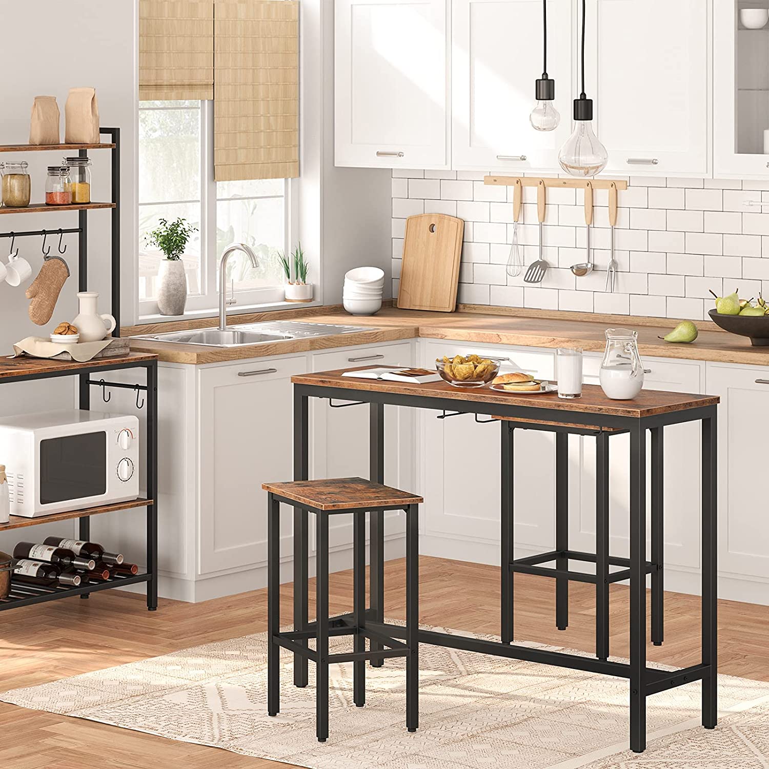 Bar Table with 2 Bar Stools, Hang Bar Chair Under Bar Table, 3 Piece Dining Table Set