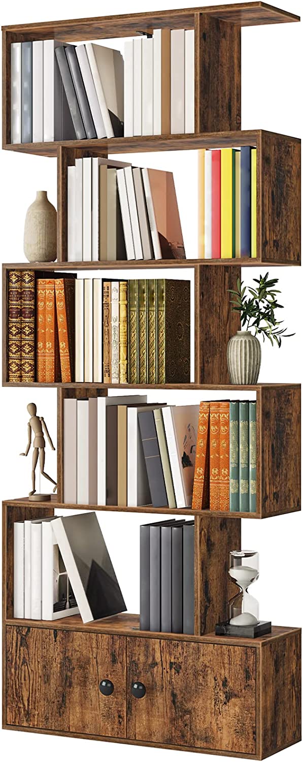 Bookshelf with Cabinet, 6-Tier Bookcase with Doors, S-Shaped Wooden Shelves, Freestanding Storage Rack Rustic Book Shelf