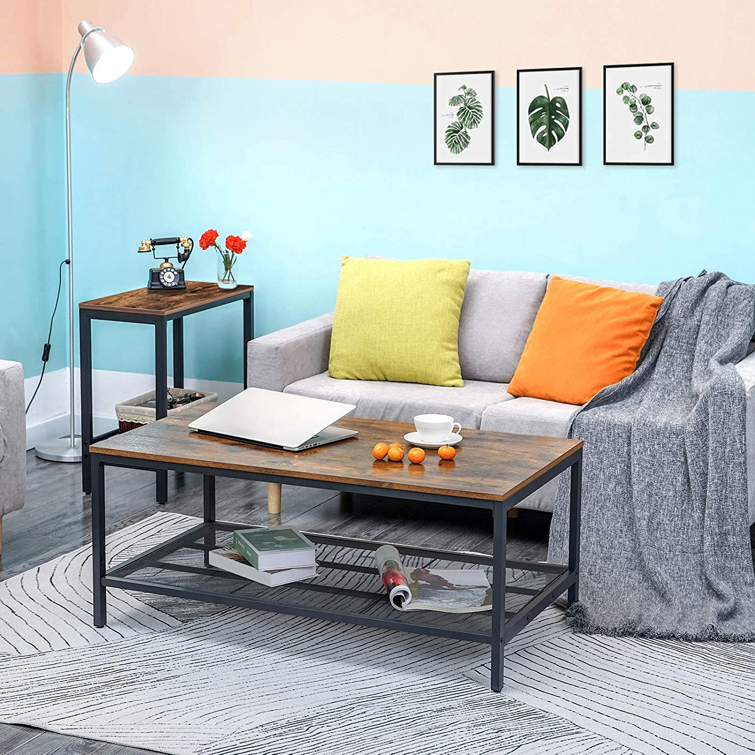Side Table, Set of 2 Narrow Nightstands, Industrial End Table with Adjustable Mesh Shelf