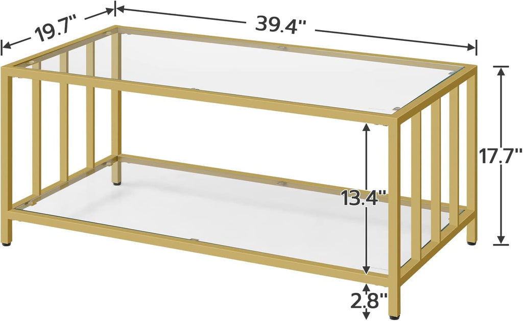 Glass Coffee Table, 2-Layer Gold Rectangle Coffee Table