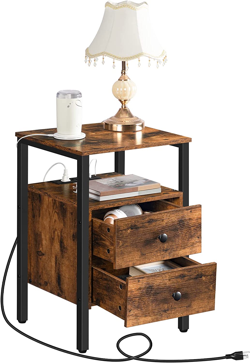 End Table with Charging Station, Side Table with 2 Drawer & USB Ports & Power Outlets, Nightstand