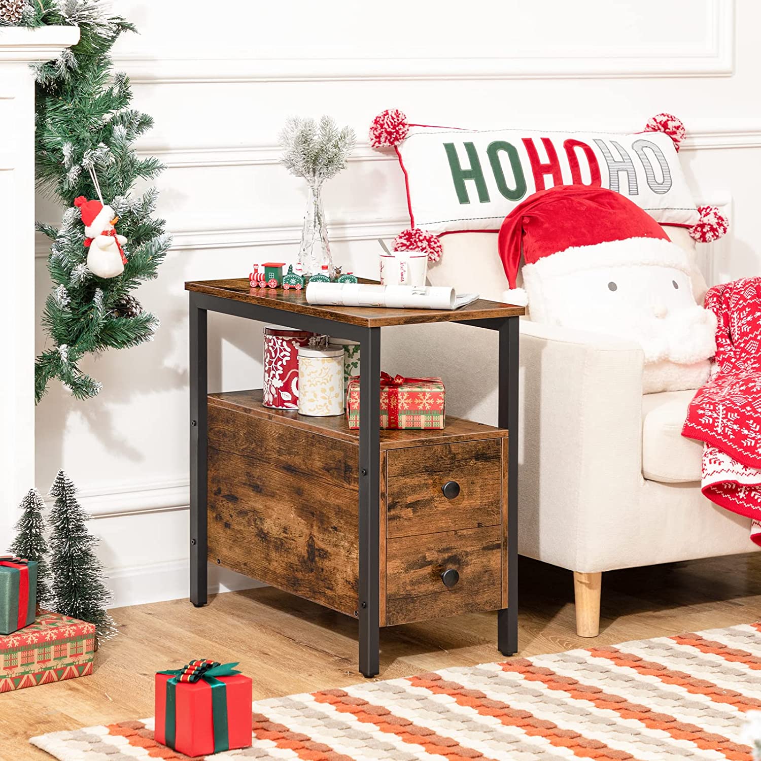 End Table, Narrow Chairside Table with Drawer and Open Storage Shelf