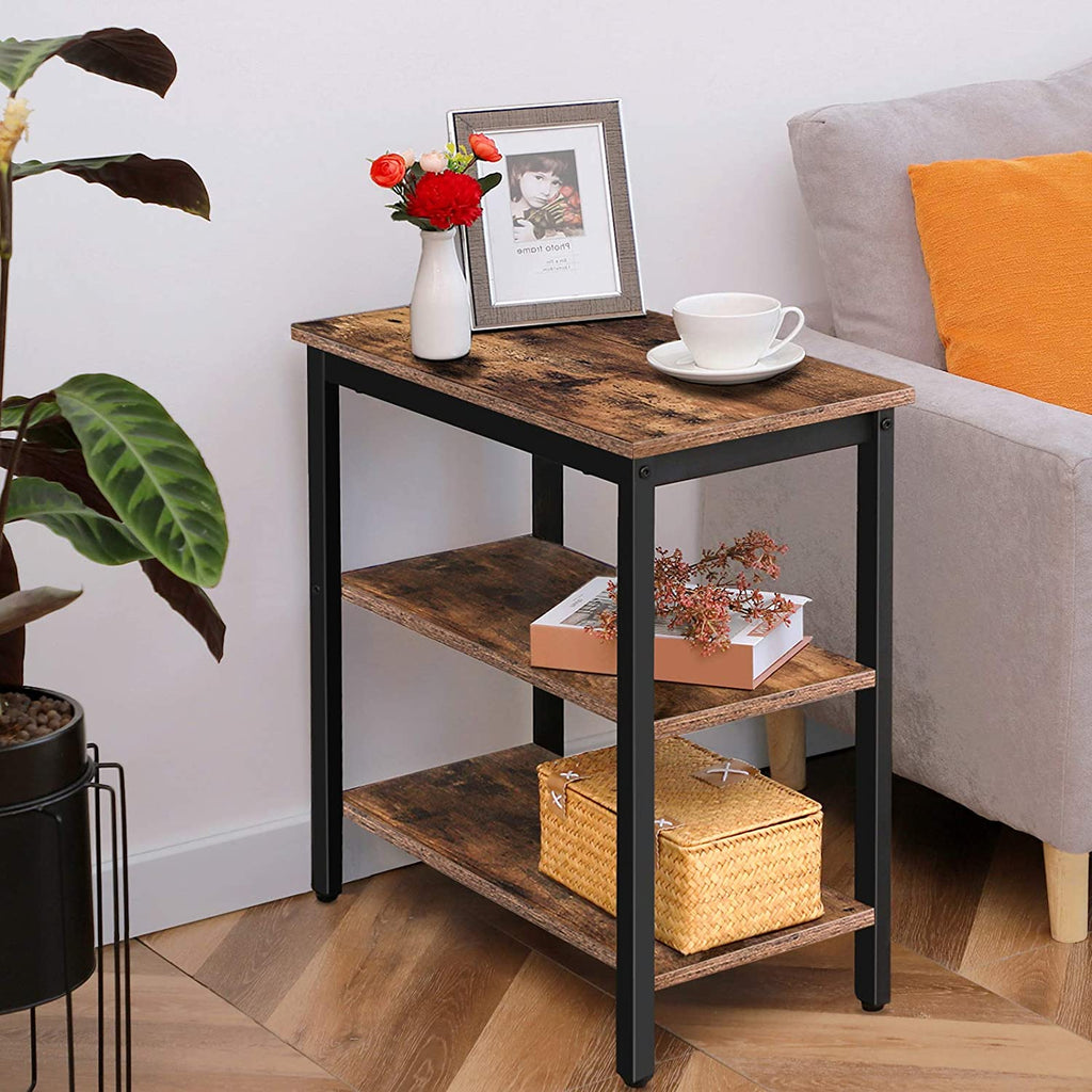 End Table, Simple Rustic Side Table with 3-Tier Storage Shelf, Narrow Nightstand
