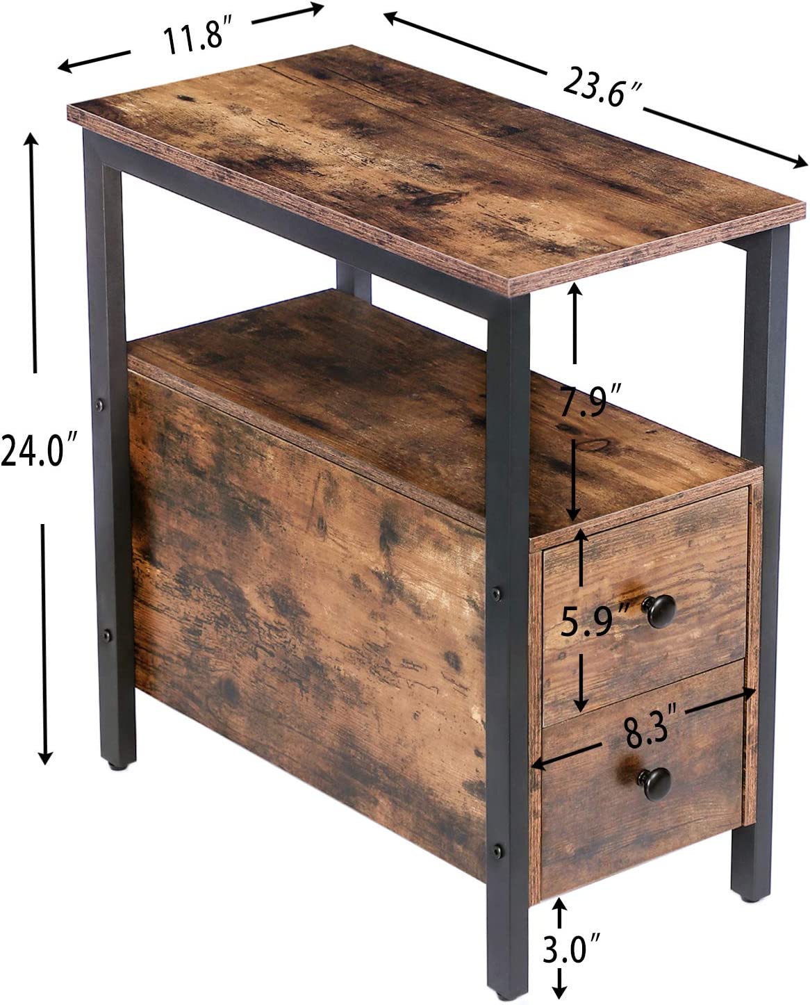 End Table, Set of 2, Side Table with 2 Drawer and Open Shelf, Narrow Nightstand