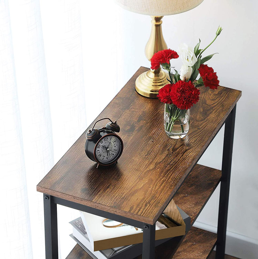 End Table, Simple Rustic Side Table with 3-Tier Storage Shelf, Narrow Nightstand