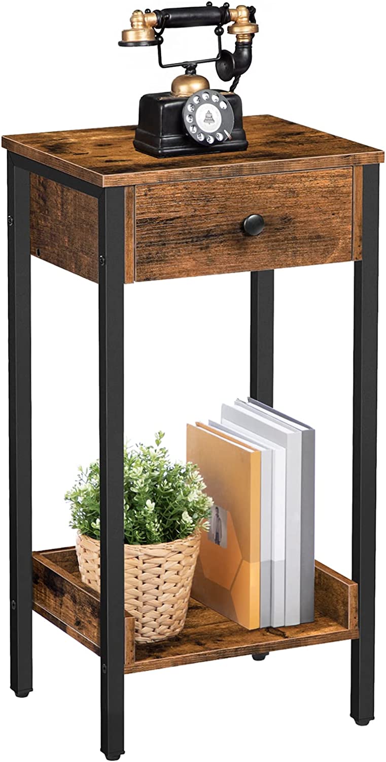 Nightstand, End Table, Tall Nightstand with Drawer and Storage Shelf, Industrial End Telephone Table