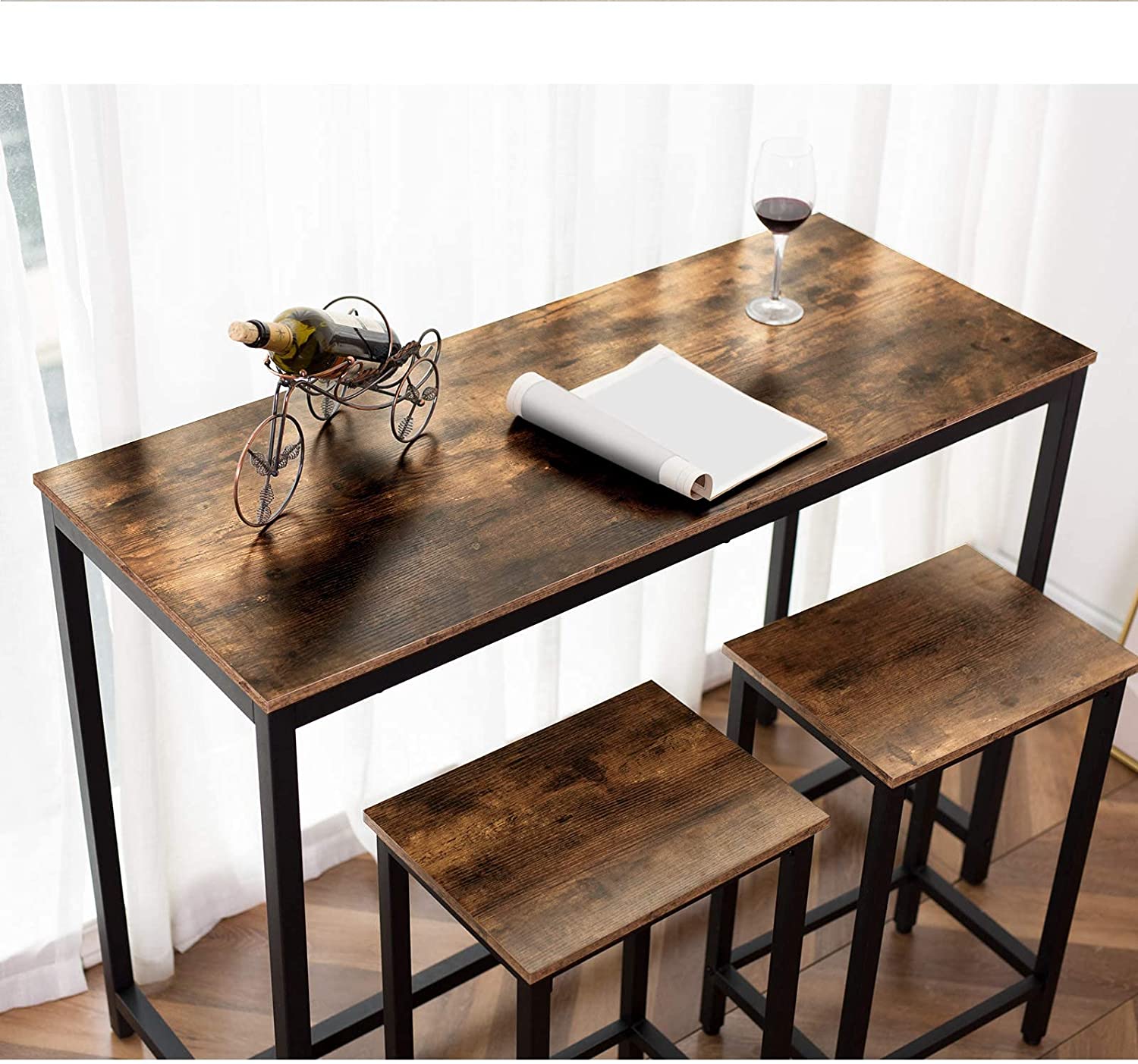 Bar Table and Chairs Set, Rectangular Pub Bar Table and 2 Bar Stools