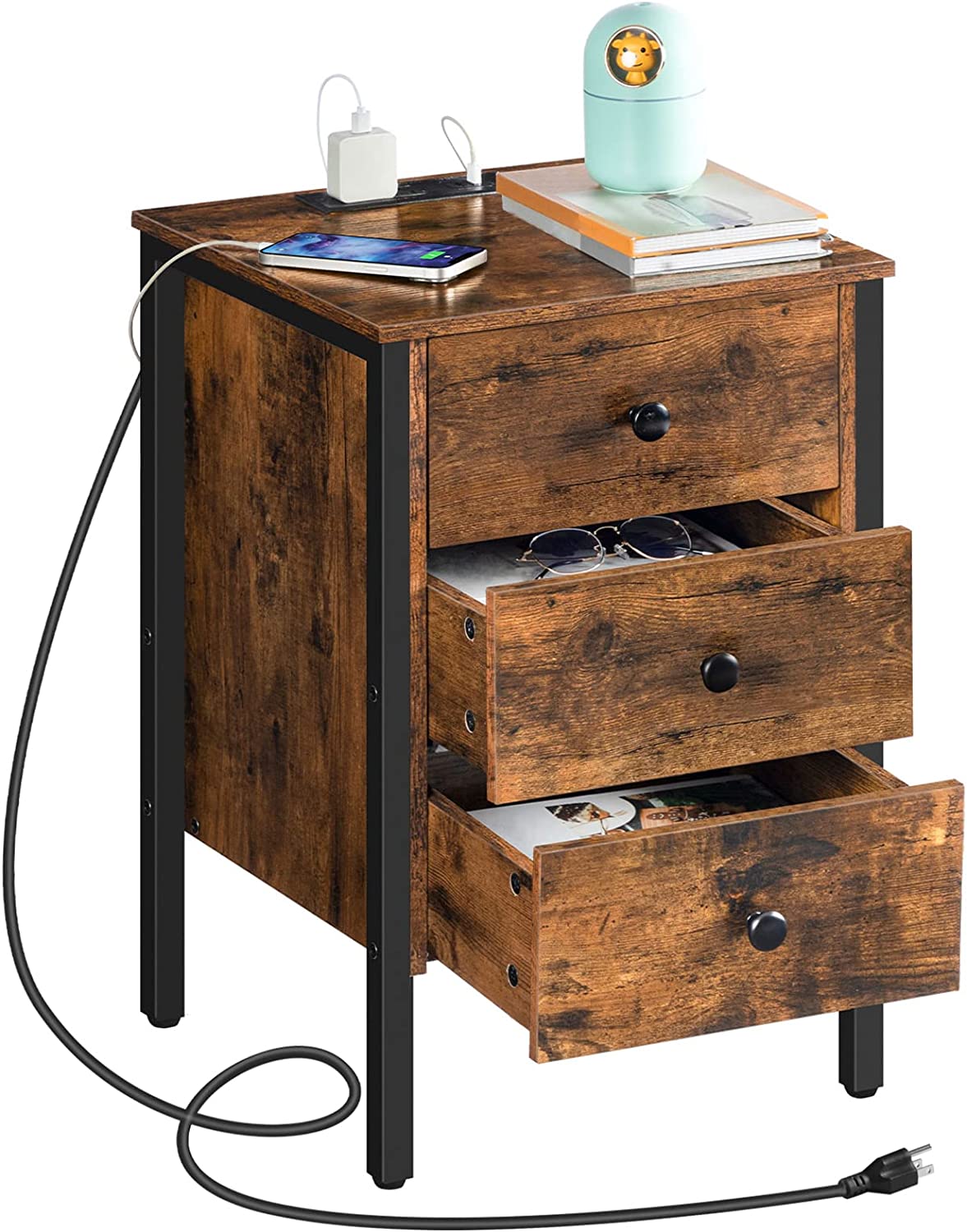 Nightstand, End Table with Charging Station and USB Ports, Side Table with 3 Drawers and Storage Shelf