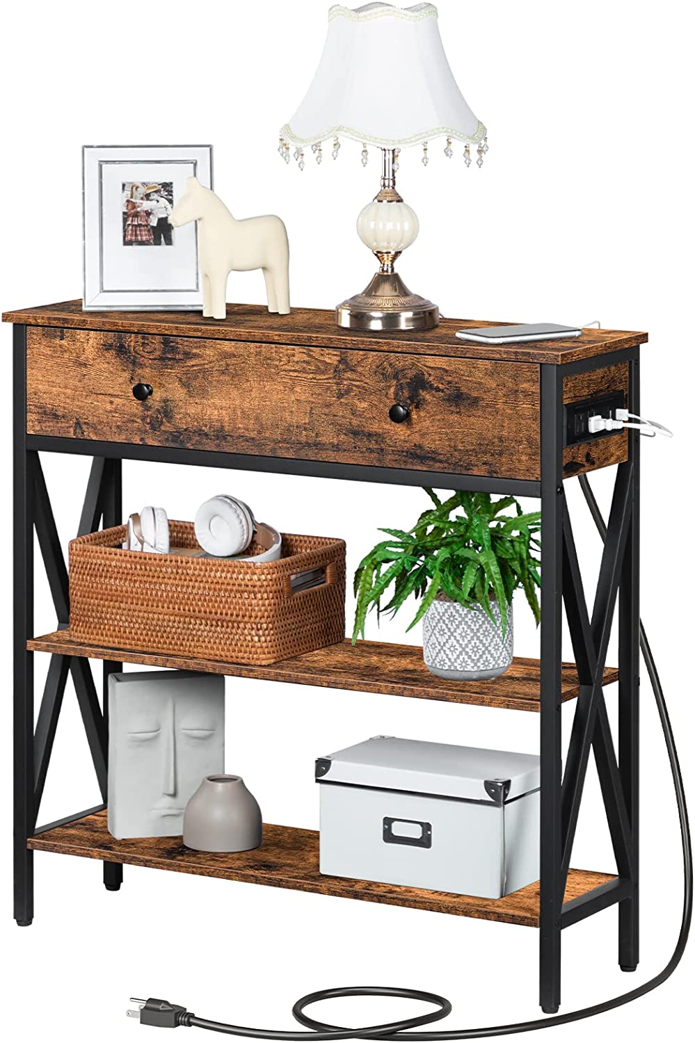 Console Table with Outlets and USB Ports, Narrow Entryway Table with Drawer