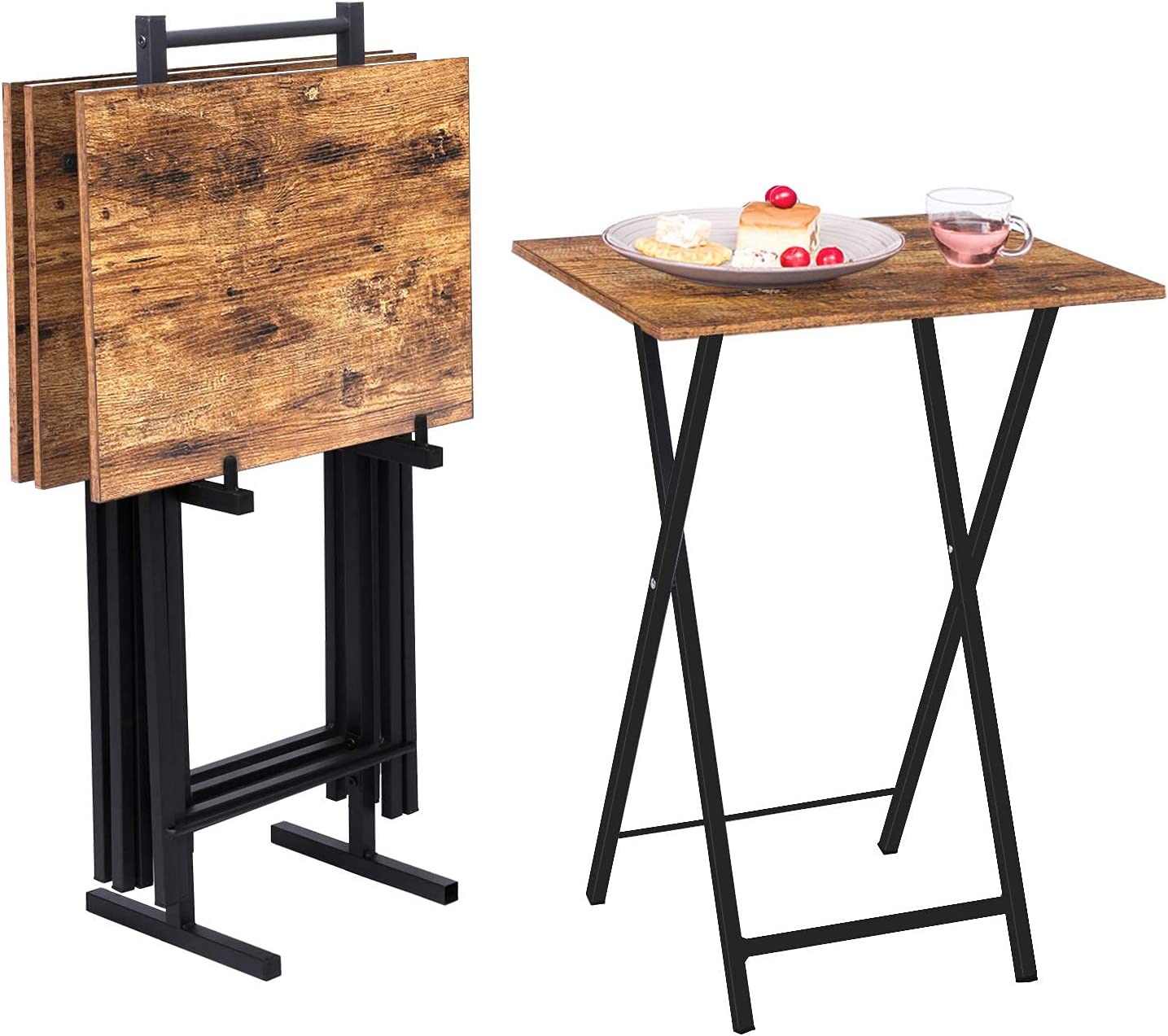 Folding TV Tray Tables, Set of 4 TV Trays with Storage Rack, Industrial Side Table