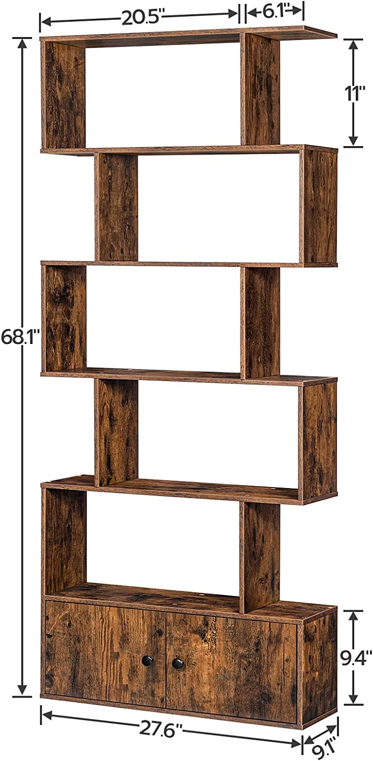 Bookshelf with Cabinet, 6-Tier Bookcase with Doors, S-Shaped Wooden Shelves, Freestanding Storage Rack Rustic Book Shelf